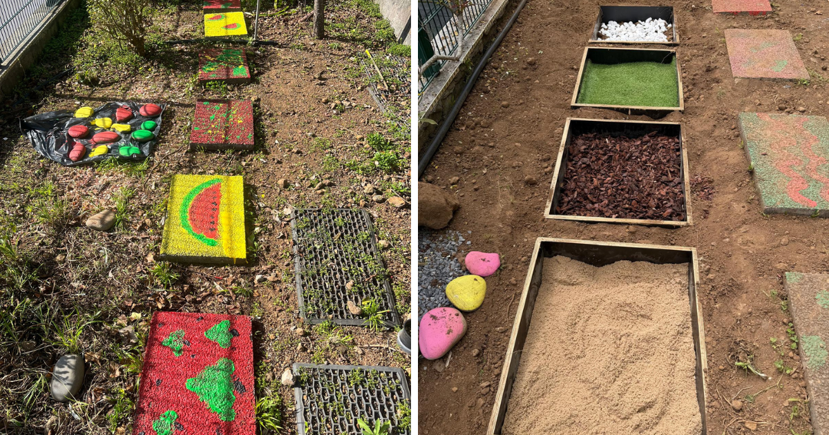 Construção de um caminho sensorial com diferentes texturas e pormenor de alguns elementos decorativos.