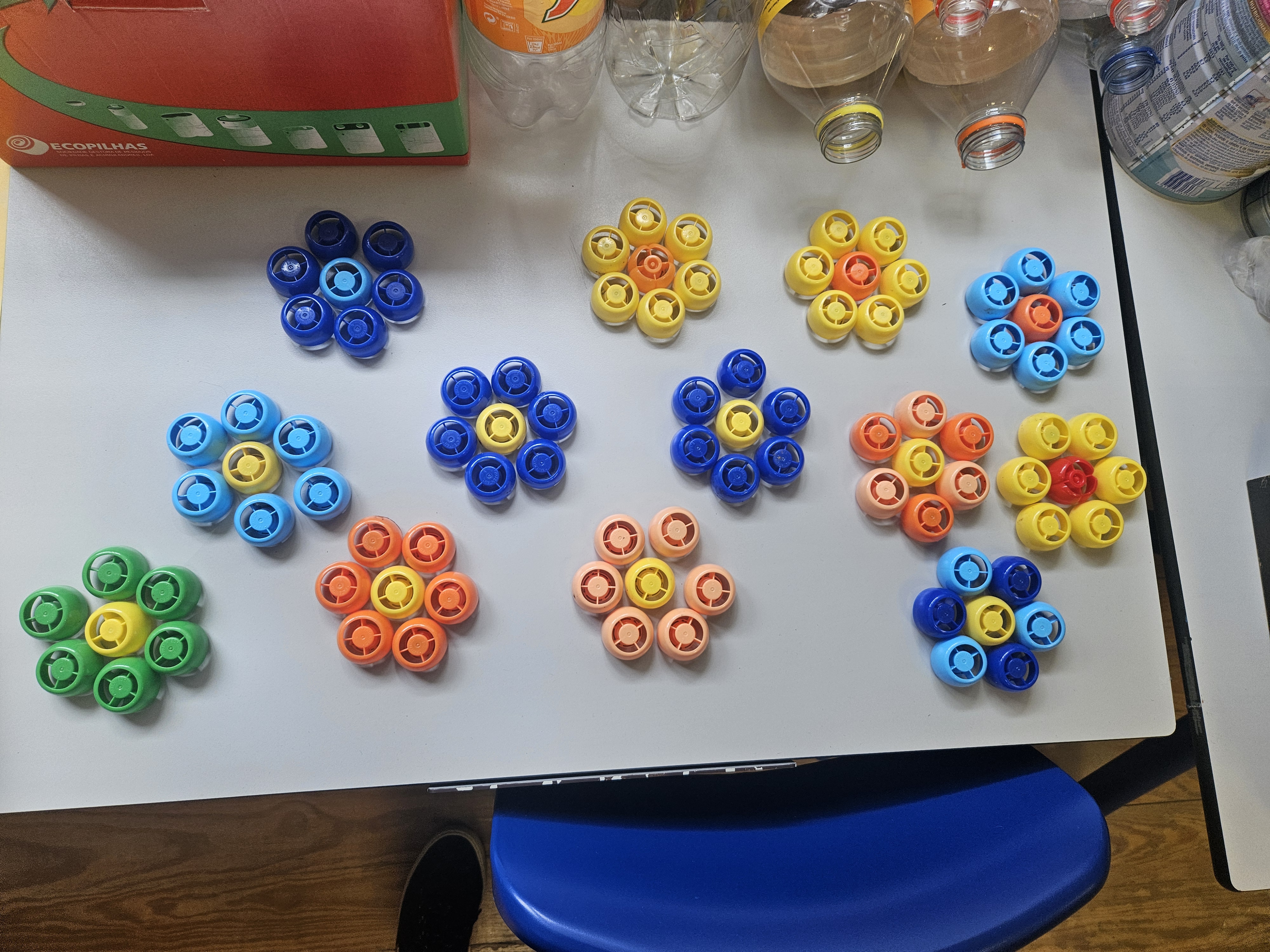 Solicitámos a colaboração da comunidade educativa na recolha e preparação de latas, rolhas de cortiça e tampas coloridas. Houve uma grande mobilização e adesão à iniciativa.
Colámos várias tampas e fizemos flores.