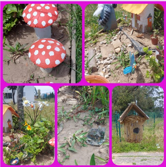 "Ilha das fadas e do gnomo". Também decorada com plantas, cogumelos, gira ventos, bebedouro de insetos e de aves, casa ninho de aves, casinhas das fadas, etc.