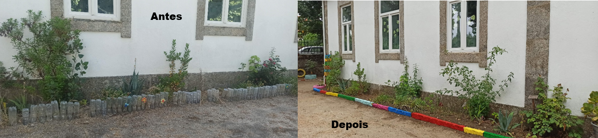 O jardim frontal da escola.