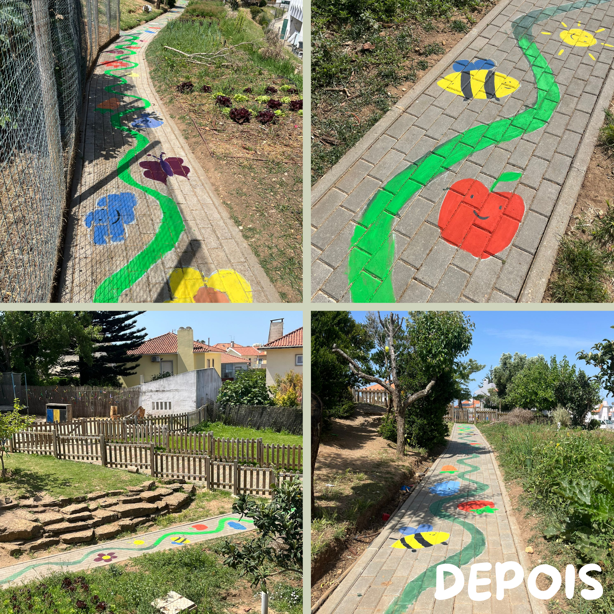 Depois – Resultado final da intervenção, com pinturas alusivas à horta pedagógica e à biodiversidade, incluindo elementos como flores, legumes, sol, nuvens, regador, borboletas e abelhas.