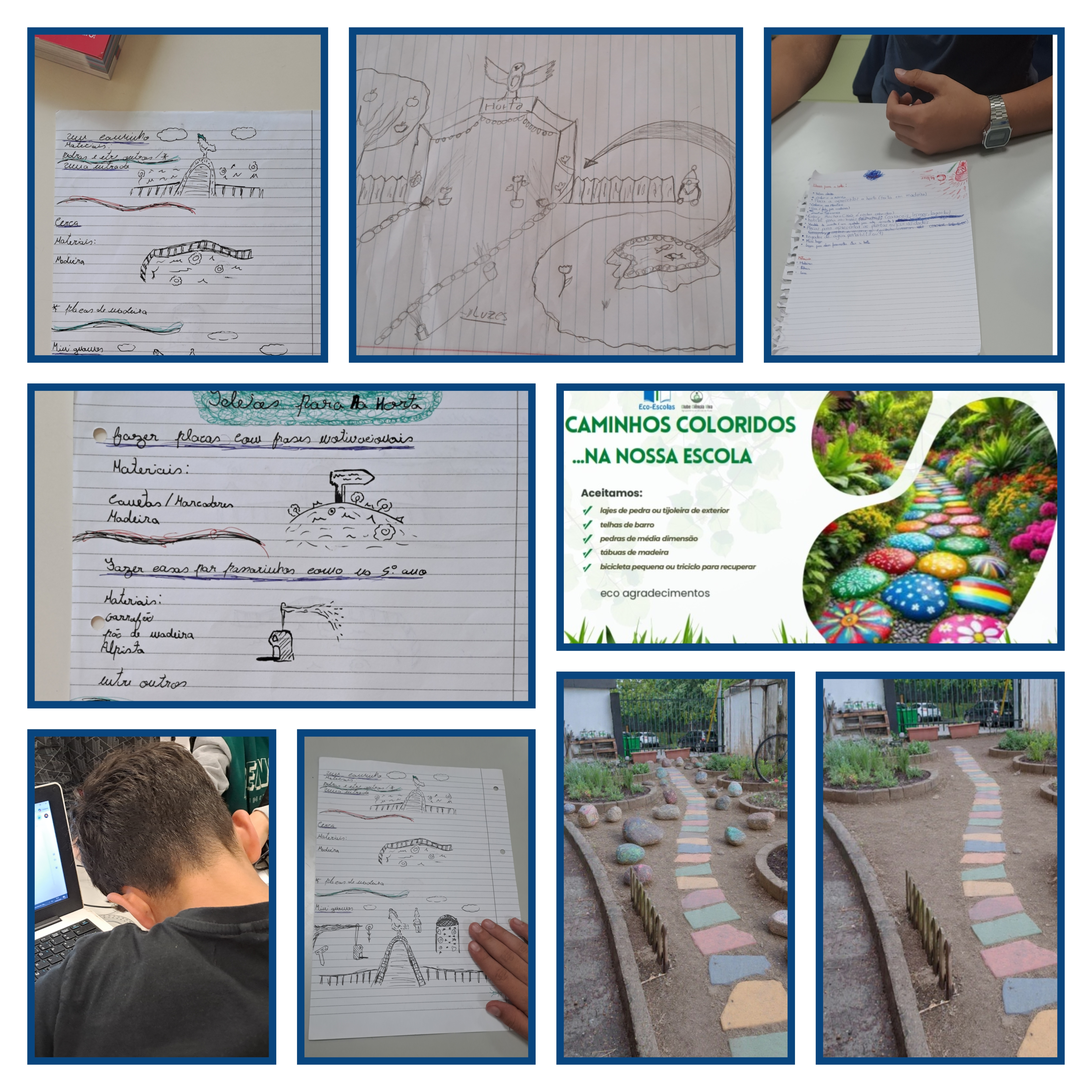 Fase 1 – Planeamento dos caminhos coloridos na horta. Recolha de ideias, utilização da IA para simulações, elaboração de esboços, envolvimento da comunidade educativa e recolha de materiais para reutilização.