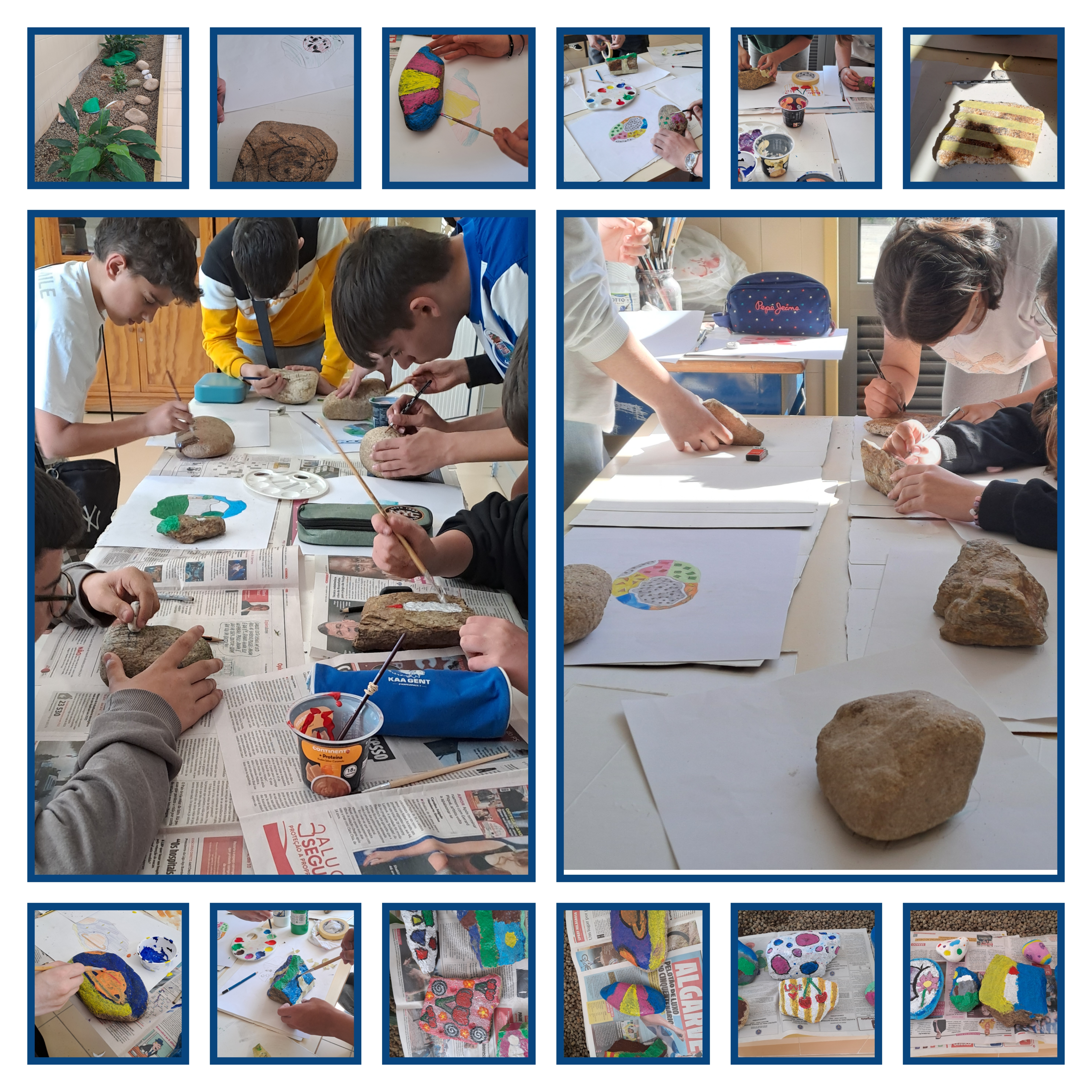 Fase 2 – Execução dos desenhos e pintura das pedras. Após a apresentação do projeto às turmas do 7.º ano e o planeamento em DAC, foram realizados esboços, transferência dos desenhos e pintura das pedras nas diferentes disciplinas.