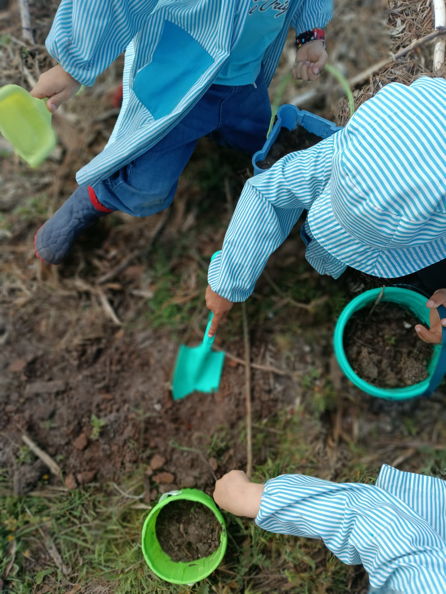 Crianças a apanhar terra para levar para a nossa horta