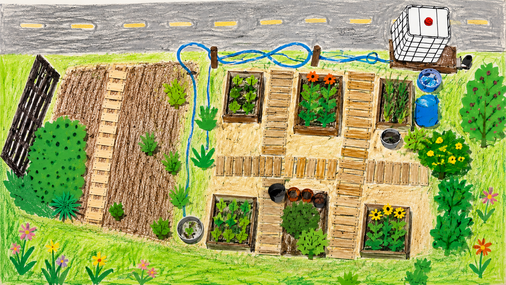 Foto 1 - Esboço ilustrativo da Horta Biológica, evidenciando a organização dos canteiros, os passadiços em madeira reutilizada, o sistema de rega e o compostor.