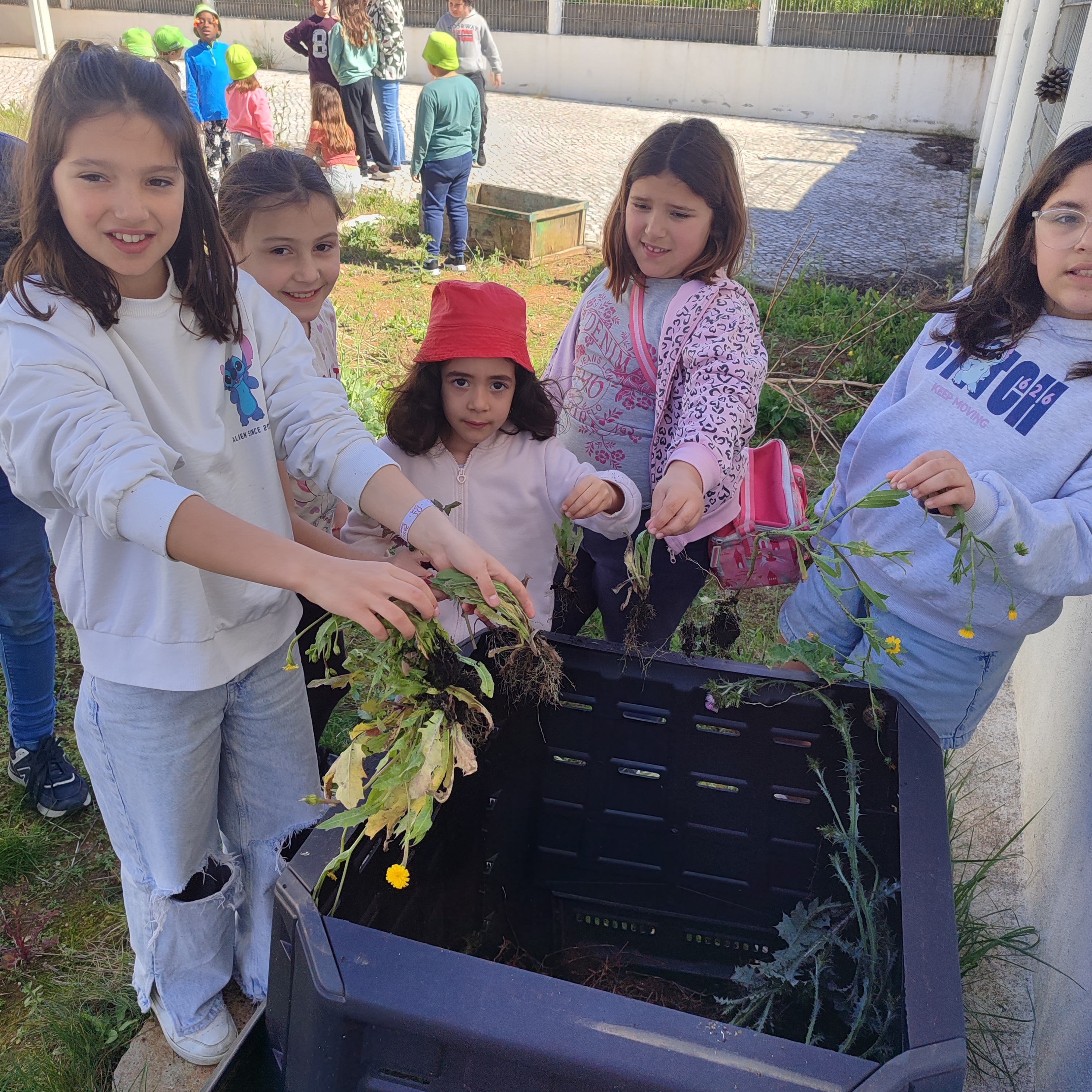 Preparação dos três canteiros- retirar as ervas com kits de jardinagem ou com as próprias mãozinhas e colocá-las na compostagem, para que depois sirvam de fertilizante natural.