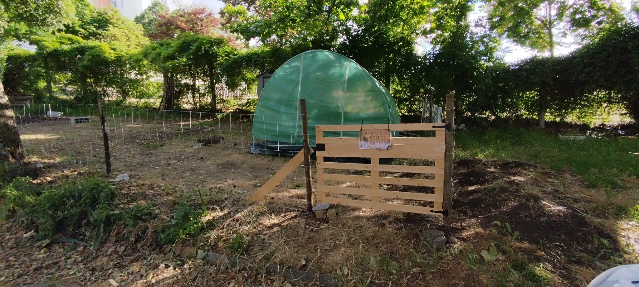 Colocação da vedação e porta de entrada da horta. Montagem da estufa e casa de arrumos.
