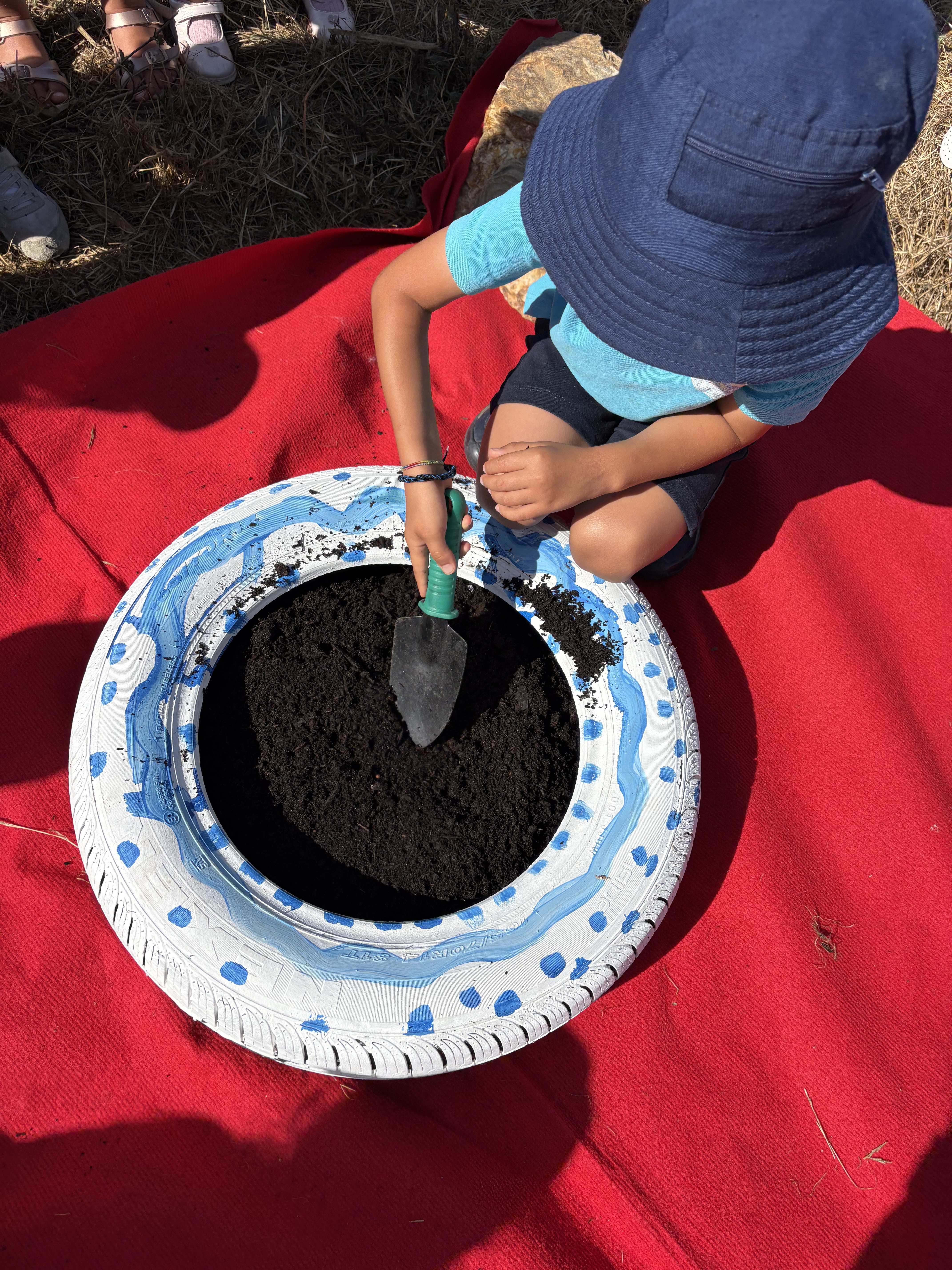 Enchimento dos pneus com terra fertilizante e plantação das sementes.