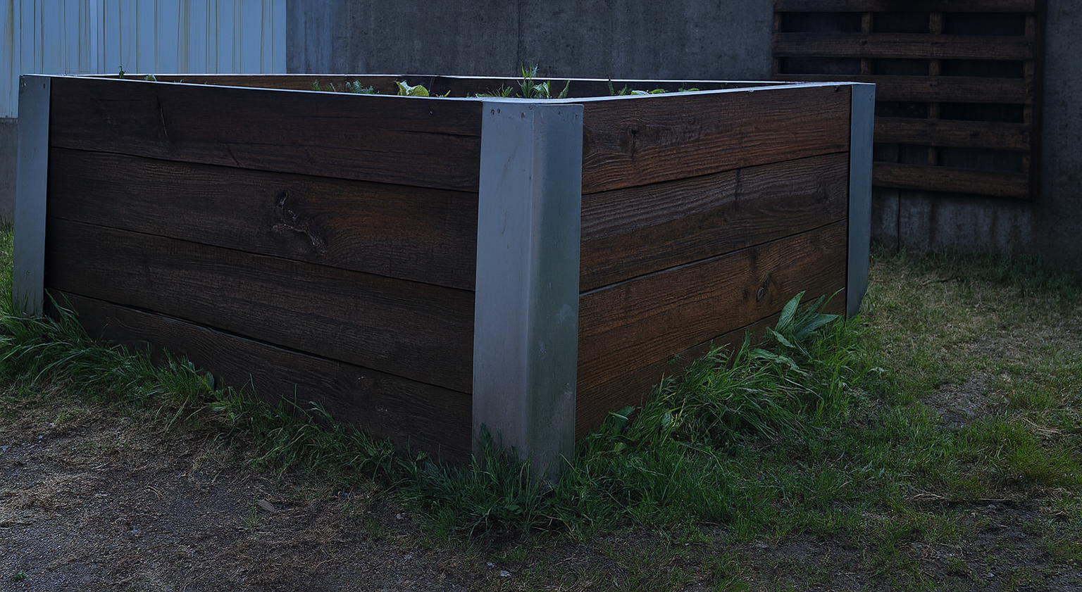 Canteiro de cultivo, com vegetação dispersa.