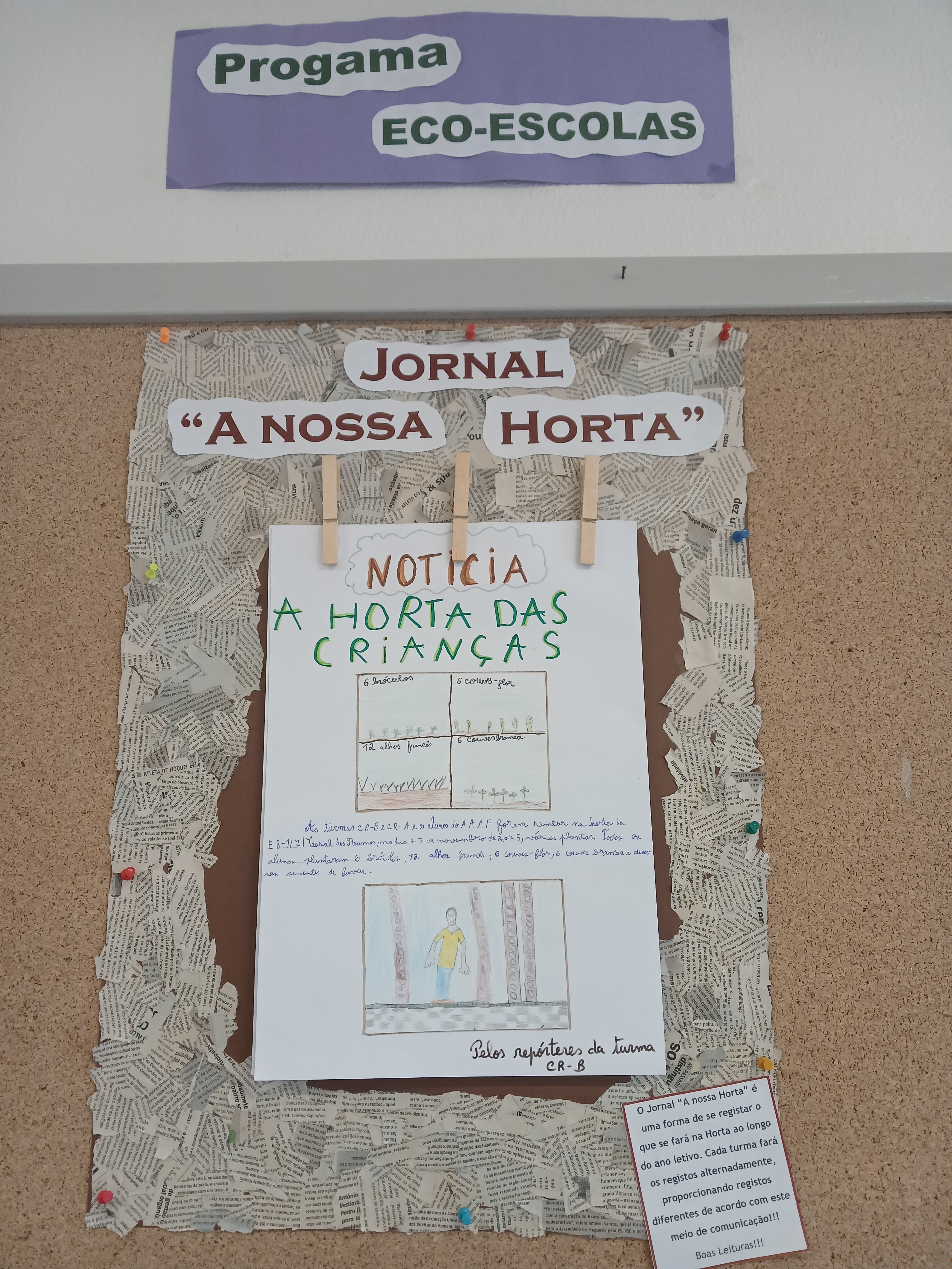 Este ano letivo no final de cada participação na Horta cada turma faz o registo do que aconteceu na mesma. Este ano temos a rubrica "Jornal da nossa Horta" de forma a que os alunos percebam um pouco melhor o que é ser jornalista e repórter.