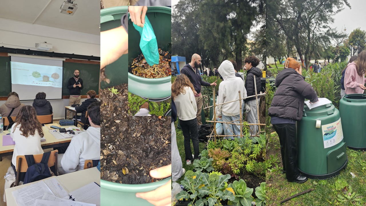 Os alunos fizeram formação e trazem de casa biorresíduos, que são pesados e colocados no compostor, permitindo acompanhar o processo de decomposição e produzir composto orgânico para enriquecer o solo da horta, um exemplo de economia circular na escola.