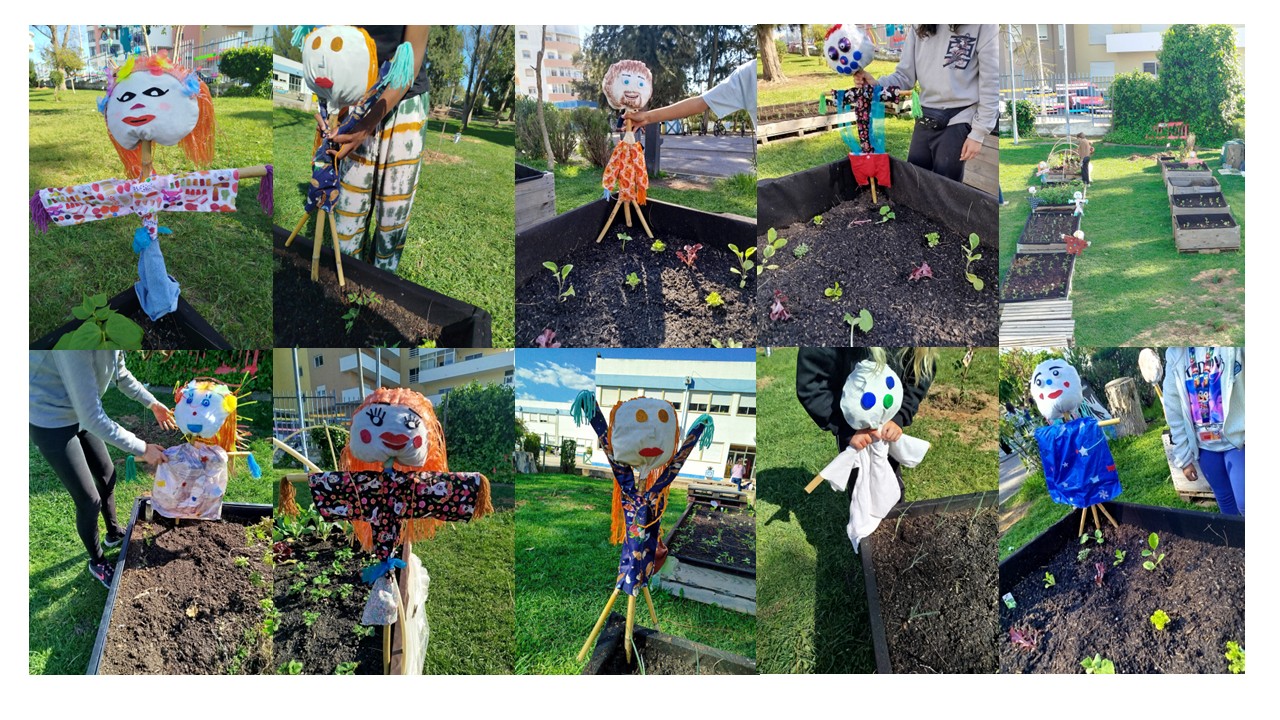 Nas aulas de Educação tecnológica, o  6.º Ano construiu espantalhos para proteger as culturas dos pássaros, numa ação colaborativa. A nossa horta ficou muito colorida!
