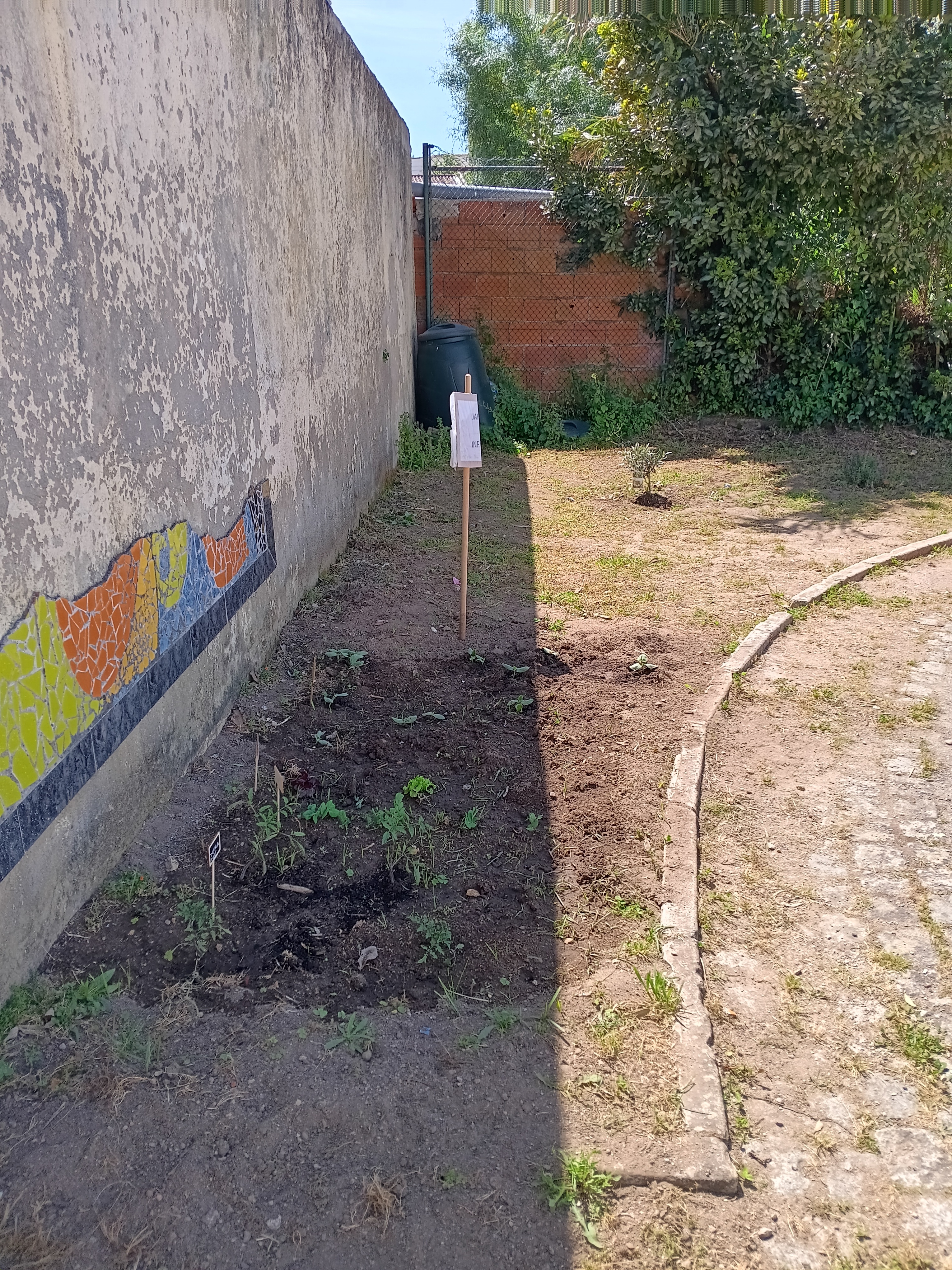 Horta JI - canteiro com plantação variada das duas turmas do jardim de infância. Decoração efetuada pelas crianças.