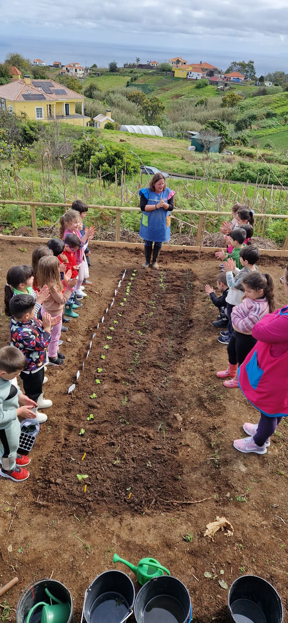 Alfaces, cenouras, beterrabas, morangos, favas, feijão, alho francês, tomates, cebolas, ervas aromáticas, trigo e pepino foram as culturas escolhidas pelas crianças para serem semeadas ou transplantadas.