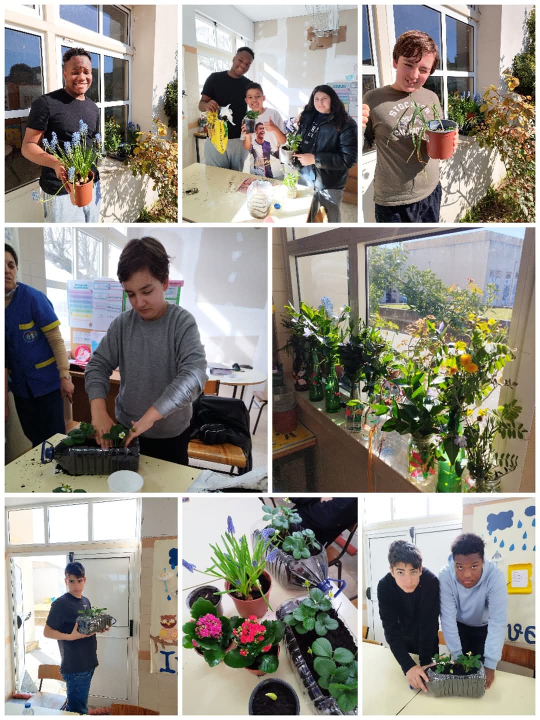 Meninos do CAA - Centro de Apoio à Aprendizagem - a semear, plantar e cuidar da "horta", que teve de ser feita em canteiros e vasos por a escola se encontrar em obras de reabilitação, sem espaços exteriores utilizáveis.