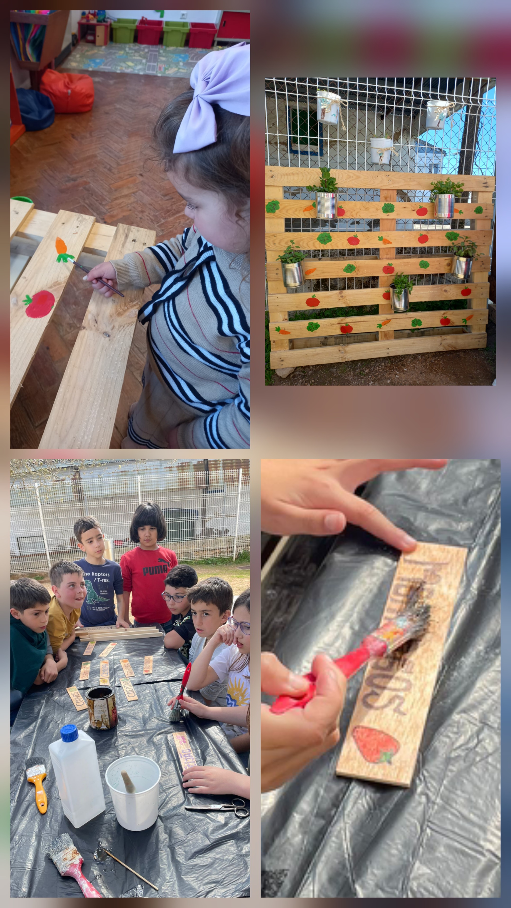 Reutilização de palete par cultivo de  ervas de cheiro  e de placas de madeira para identificação das espécies cultivadas