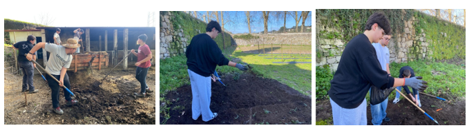 Recolha de matéria orgânica das camas no ovil para compostagem em pilha na nitreira da nossa escola; Reciclagem das borras de café do Bar nos canteiros ajardinados da EPACSB.